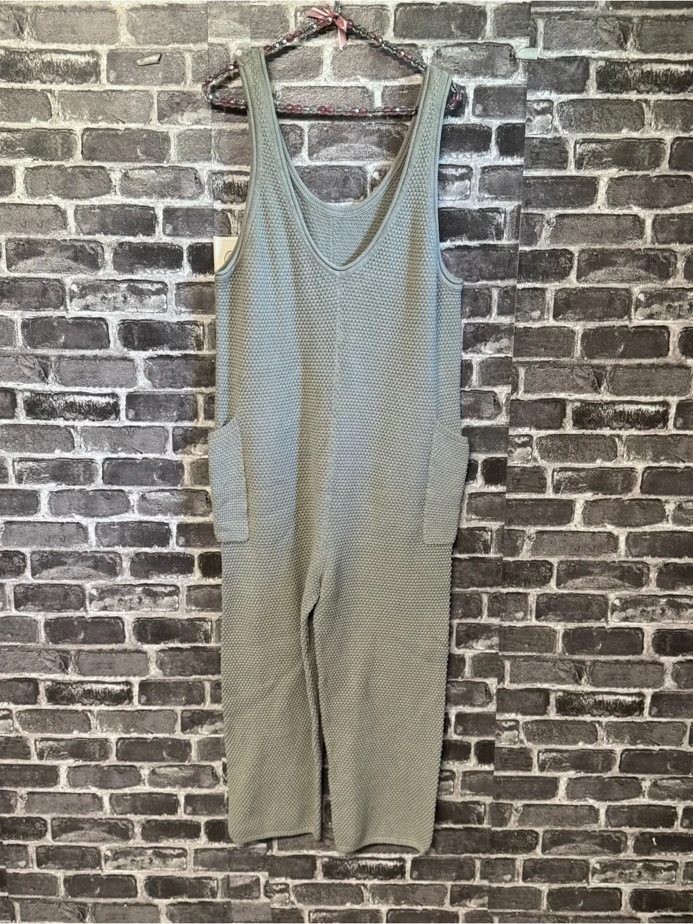 Free People Beach Hailee Knitted Jumpsuit stone green gray